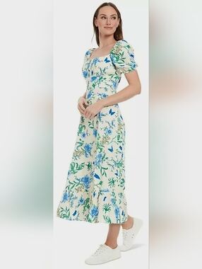 London Times Kristin Linen/Viscose Floral/Butterfly Puff-Sleeve Midi Dress 8/Med
